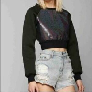 UNIF Black Neoprene Holographic Iridescent Cropped Sweatshirt Raglan Small